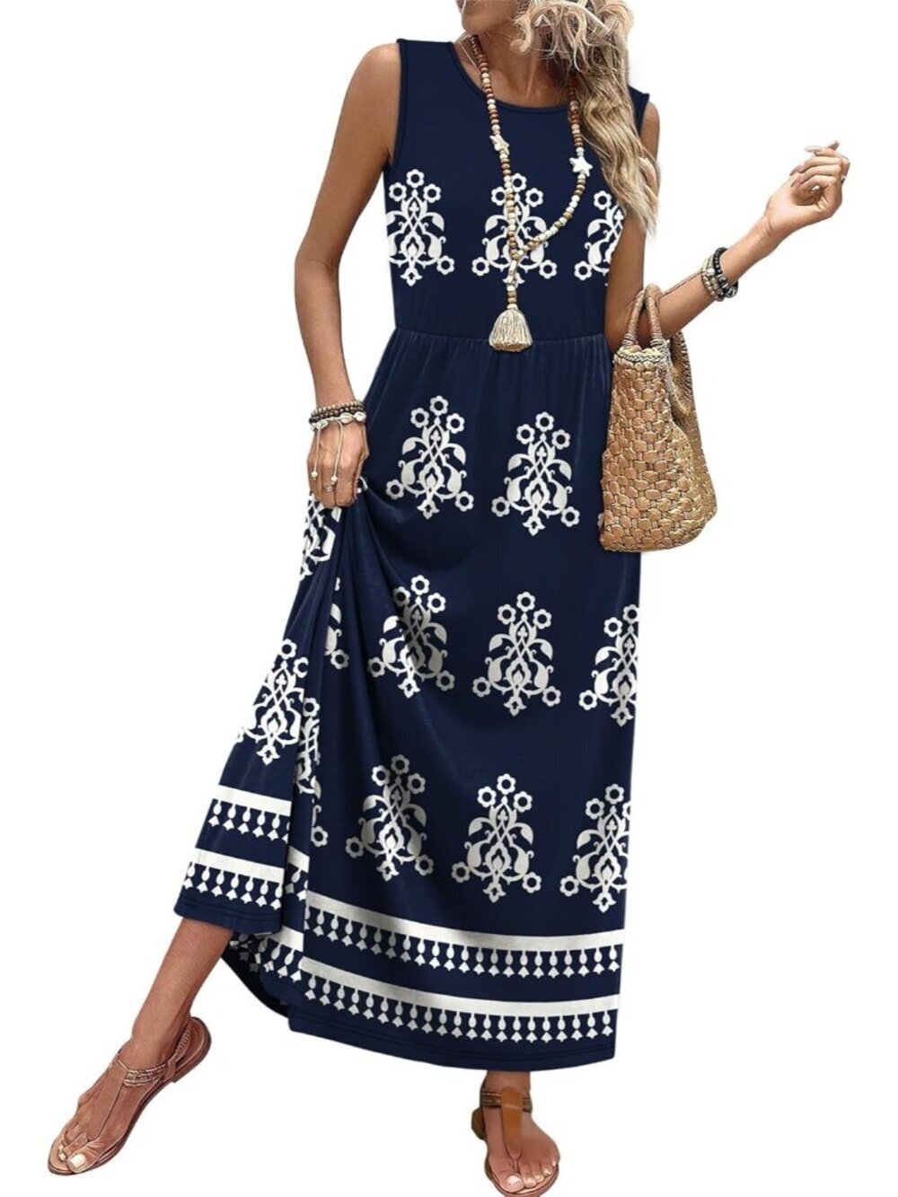 Women Boho Navy Pull On A Line Sleeveless Sundresses with Pockets Maxi Dresses